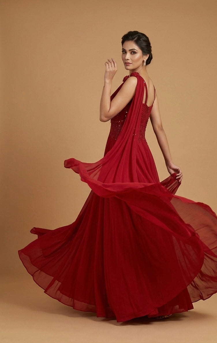 RED COLOUR CHINON EMBROIDERED GOWN EMBELLISHED WITH SEQUINS & BEADS WORK - Kothari Sons