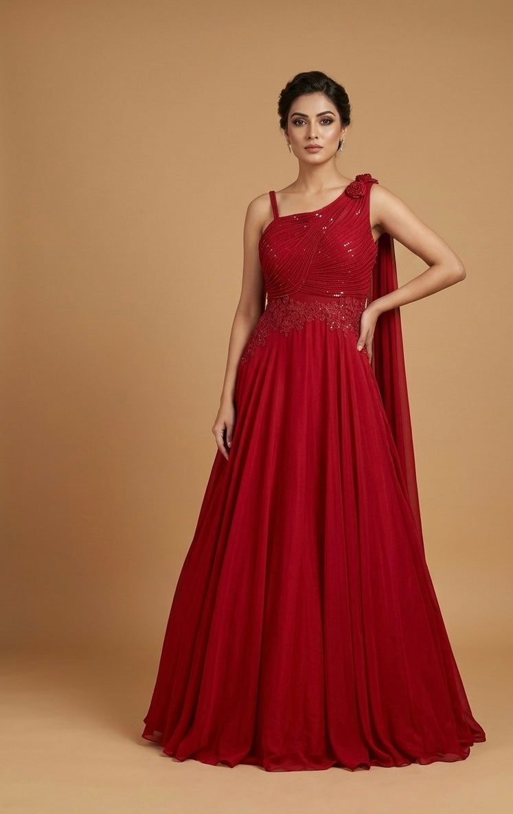 RED COLOUR CHINON EMBROIDERED GOWN EMBELLISHED WITH SEQUINS & BEADS WORK - Kothari Sons