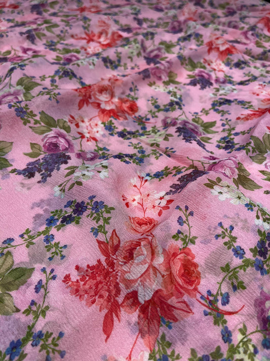 PINK COLOUR PURE PLATINUM CHIFFON FLORAL PRINTED SAREE WITH CREPE SILK BLOUSE - Kothari Sons