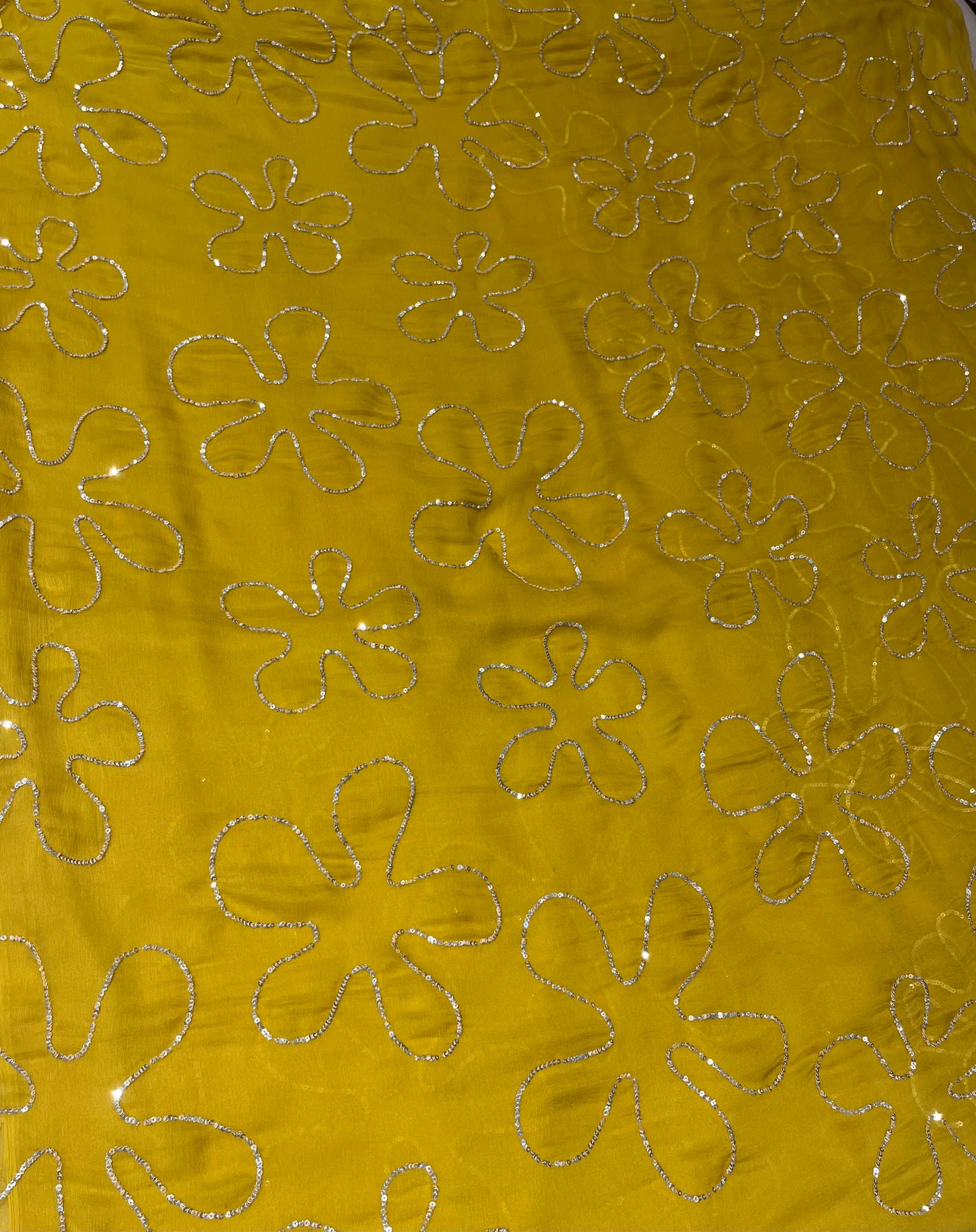 MUSTARD COLOUR CHIFFON SEQUINS EMBROIDERED SAREE WITH CHINON BLOUSE ( DELIVERY IN 10 DAYS )