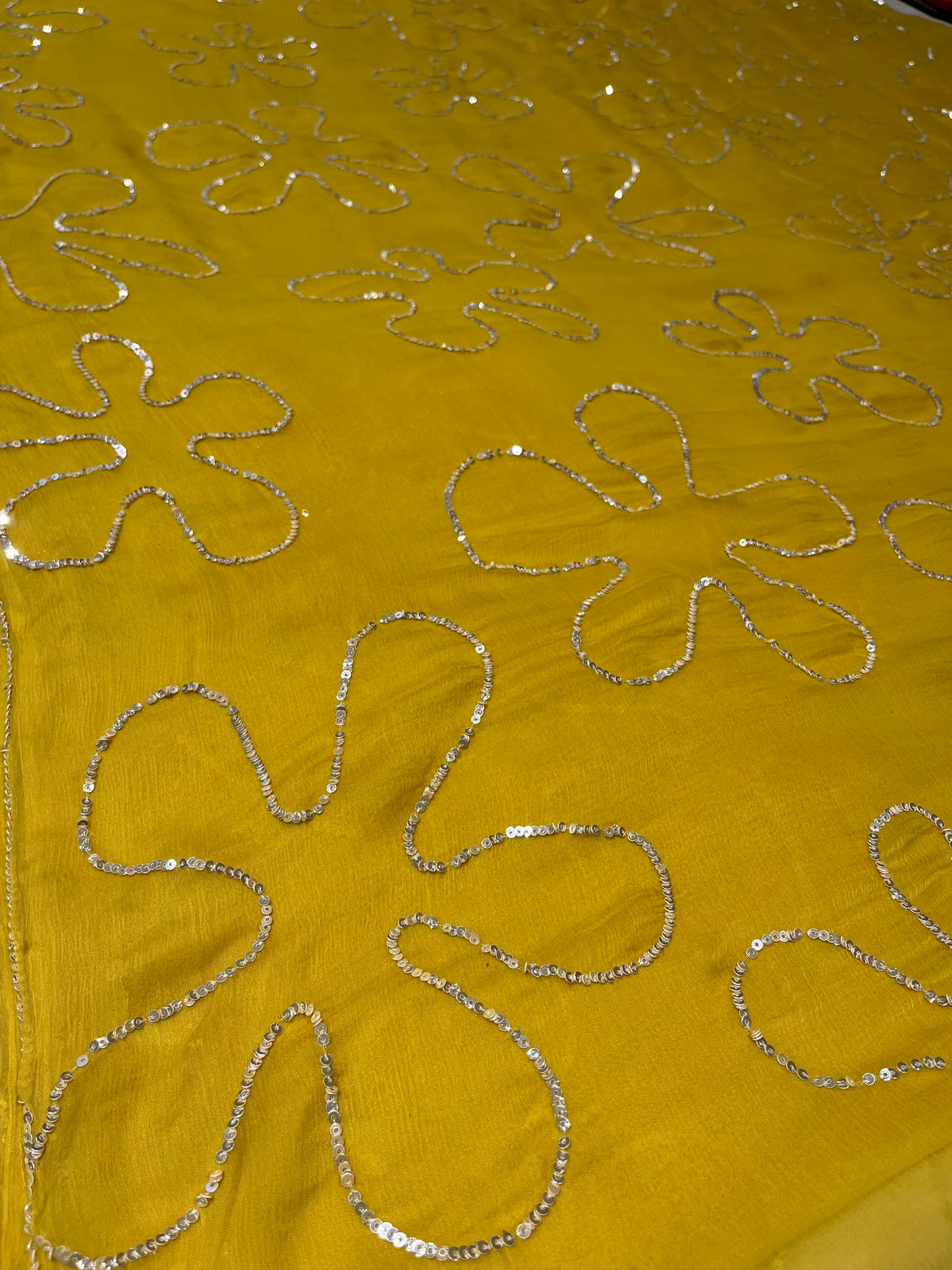 MUSTARD COLOUR CHIFFON SEQUINS EMBROIDERED SAREE WITH CHINON BLOUSE ( DELIVERY IN 10 DAYS )