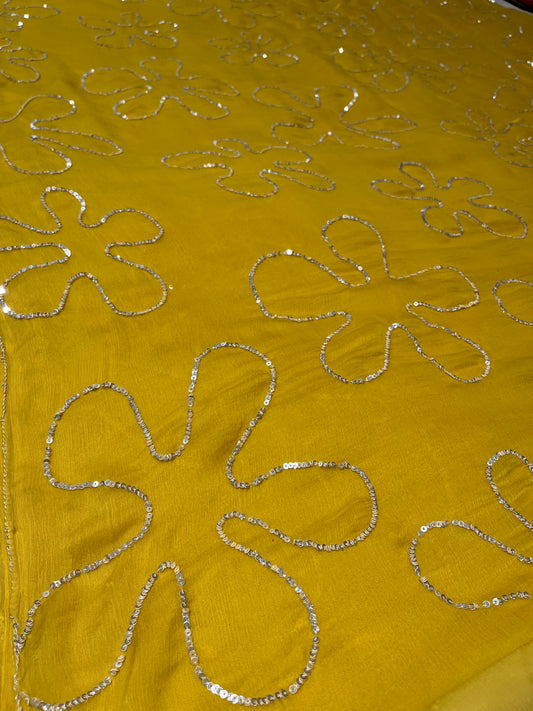 MUSTARD COLOUR CHIFFON SEQUINS EMBROIDERED SAREE WITH CHINON BLOUSE ( DELIVERY IN 10 DAYS )