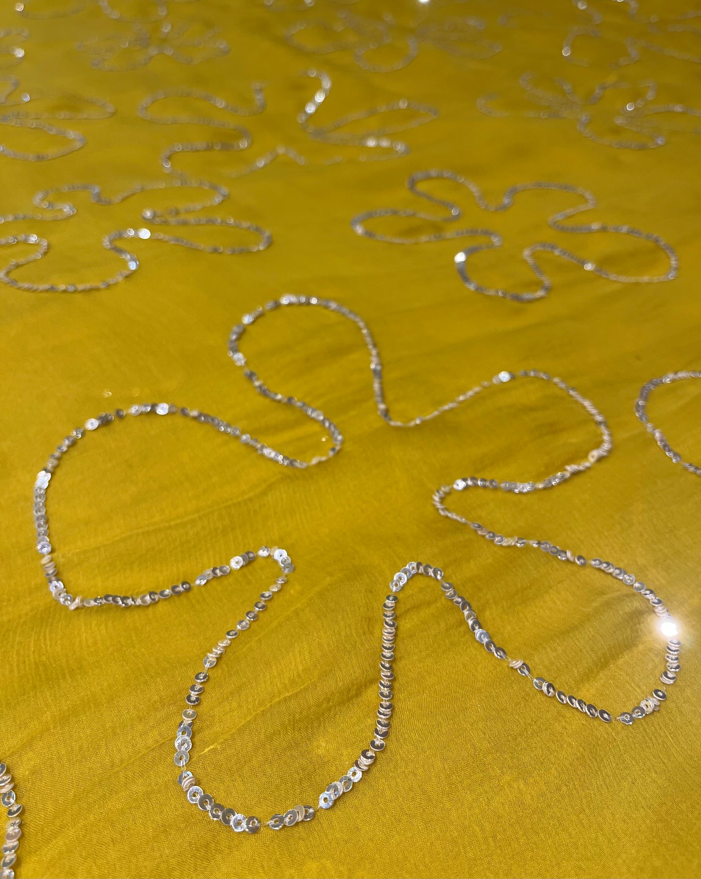MUSTARD COLOUR CHIFFON SEQUINS EMBROIDERED SAREE WITH CHINON BLOUSE ( DELIVERY IN 10 DAYS )