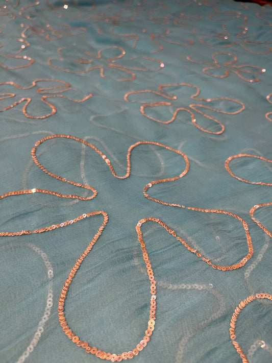 SKY BLUE CHIFFON SEQUINS EMBROIDERED SAREE WITH CHINON BLOUSE ( DELIVERY IN 10 DAYS )