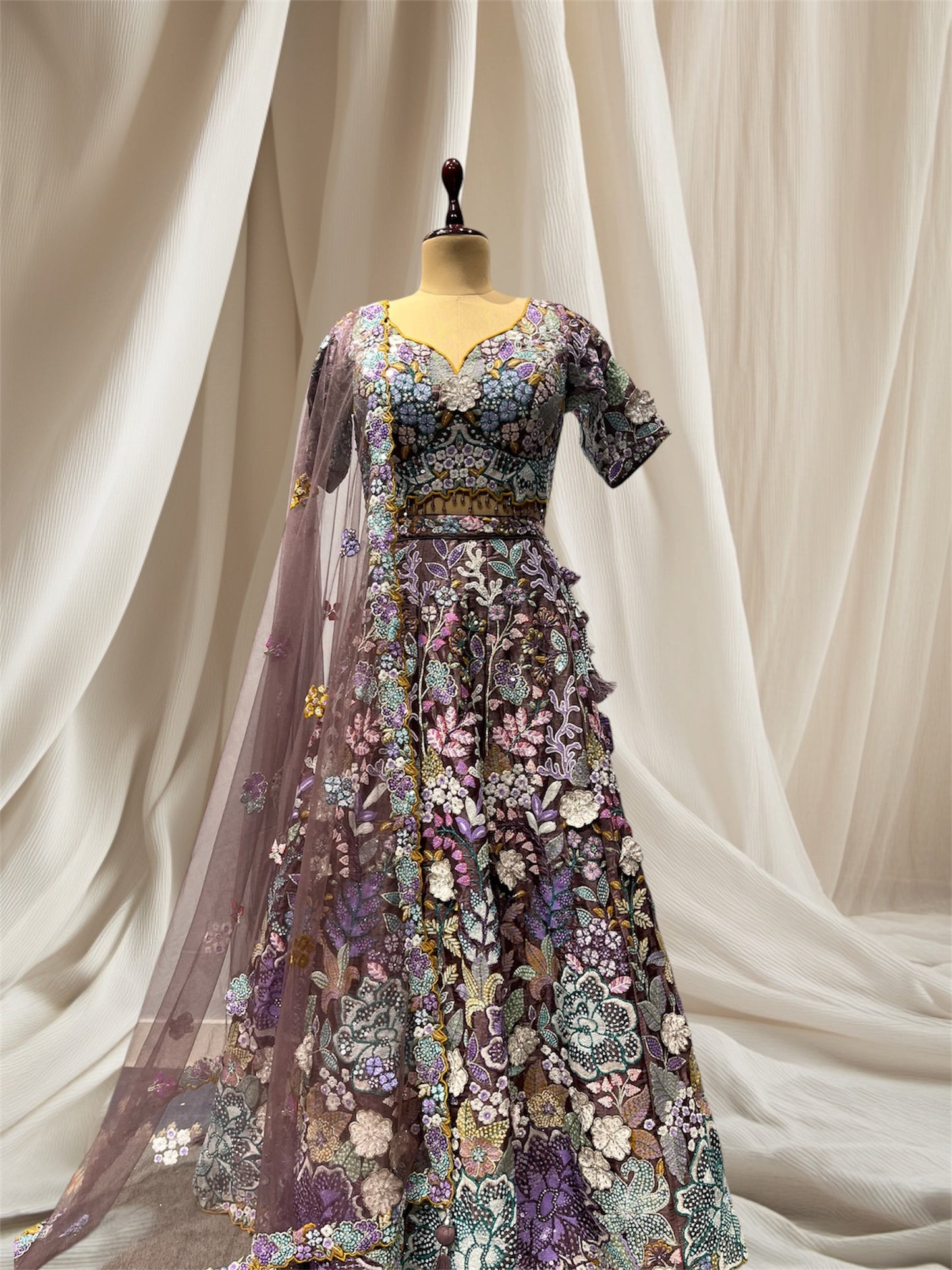 DUSTY MAUVE COLOUR, RESHAM THREADS USED IN APPLICATION OF FLORAL APPLIQUE WORK JIMMY CHOO READYMADE LEHENGA SET