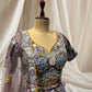 DUSTY MAUVE COLOUR, RESHAM THREADS USED IN APPLICATION OF FLORAL APPLIQUE WORK JIMMY CHOO READYMADE LEHENGA SET