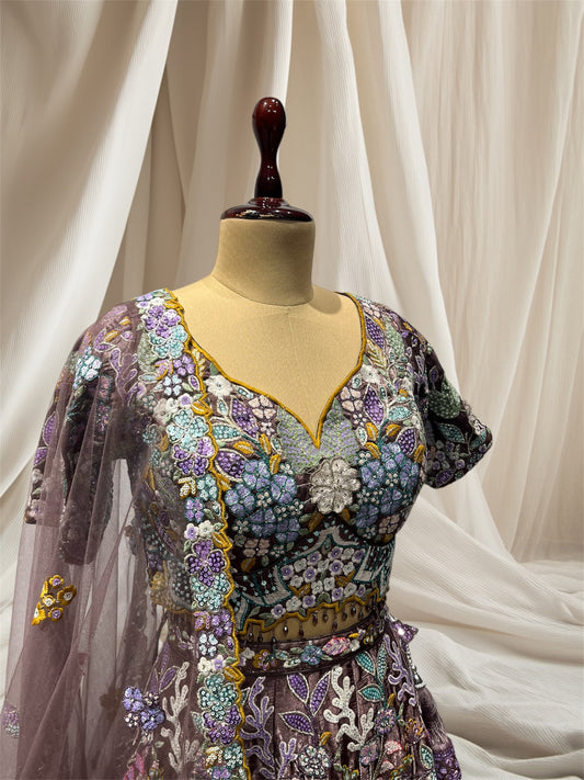 DUSTY MAUVE COLOUR, RESHAM THREADS USED IN APPLICATION OF FLORAL APPLIQUE WORK JIMMY CHOO READYMADE LEHENGA SET