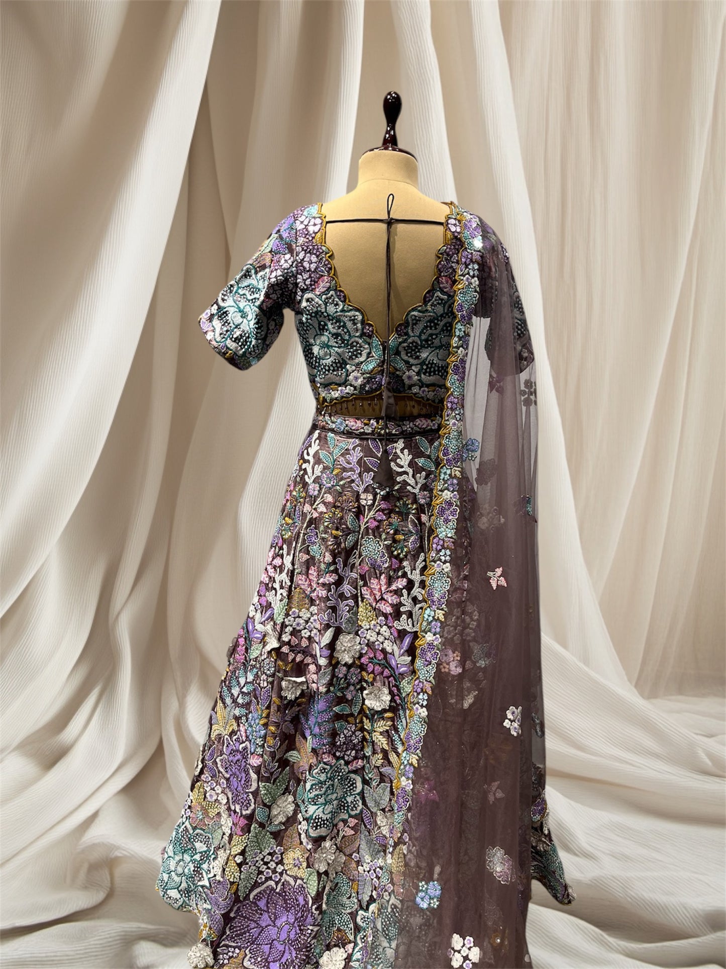 DUSTY MAUVE COLOUR, RESHAM THREADS USED IN APPLICATION OF FLORAL APPLIQUE WORK JIMMY CHOO READYMADE LEHENGA SET