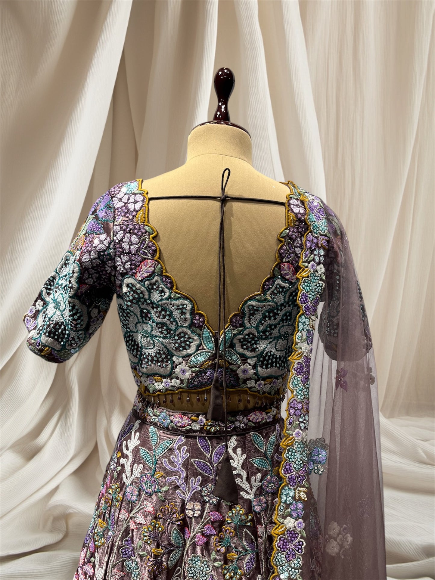 DUSTY MAUVE COLOUR, RESHAM THREADS USED IN APPLICATION OF FLORAL APPLIQUE WORK JIMMY CHOO READYMADE LEHENGA SET