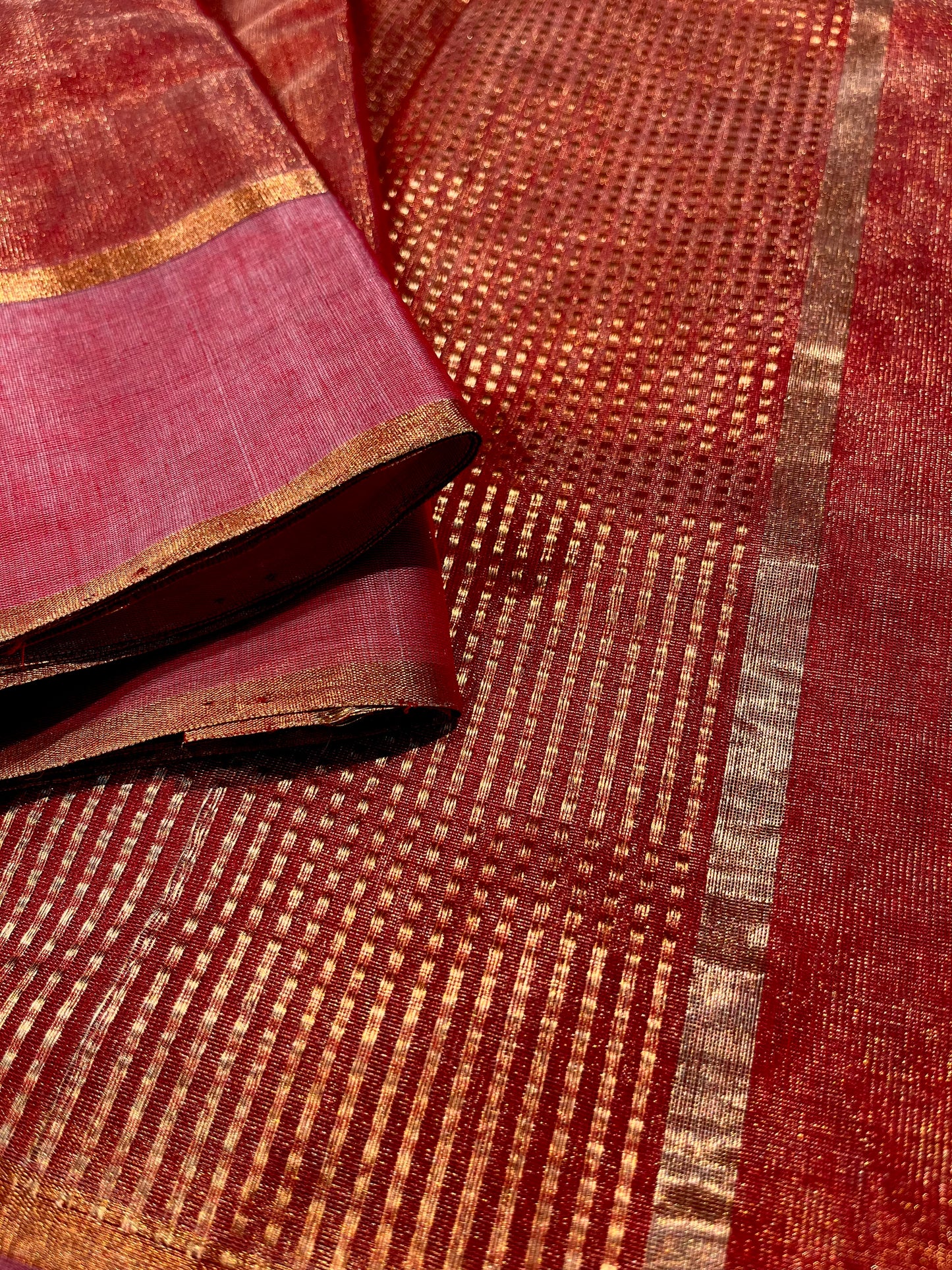 RUST RED COLOUR CHANDERI TISSUE SAREE WITH KIRKITA PALLA EMBELLISHED WITH ZARI WEAVES