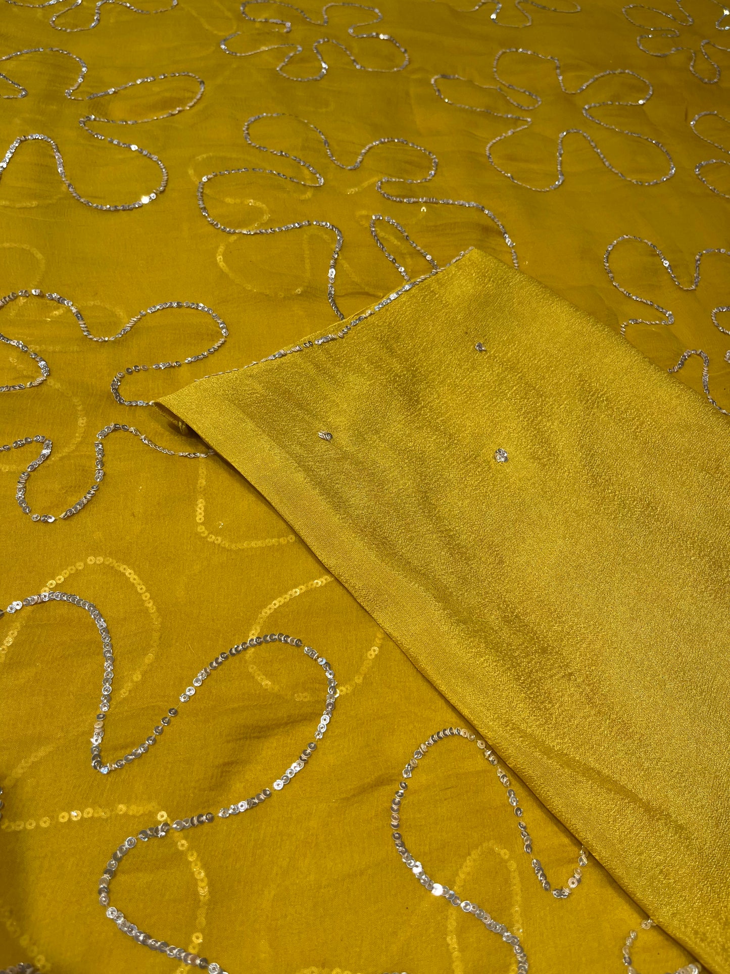 MUSTARD COLOUR CHIFFON SEQUINS EMBROIDERED SAREE WITH CHINON BLOUSE ( DELIVERY IN 10 DAYS )