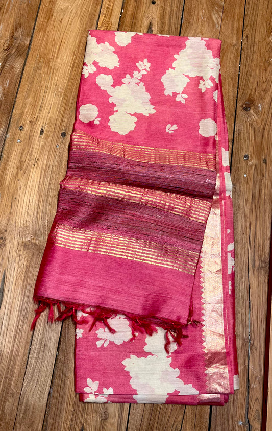 PINK COLOUR PRINTED MUNGA PURE SILK SAREE WITH ZARI BORDER
