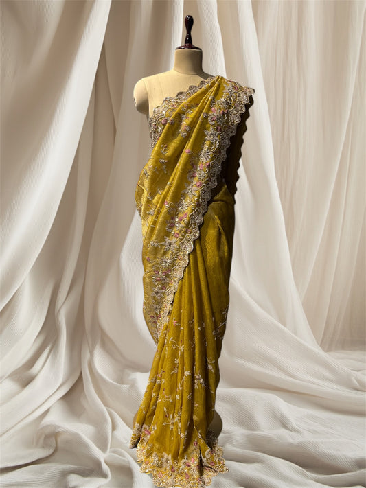 Yellow Tissue jacquard Saree With Hand Embroidered Zardozi And Sequins Work