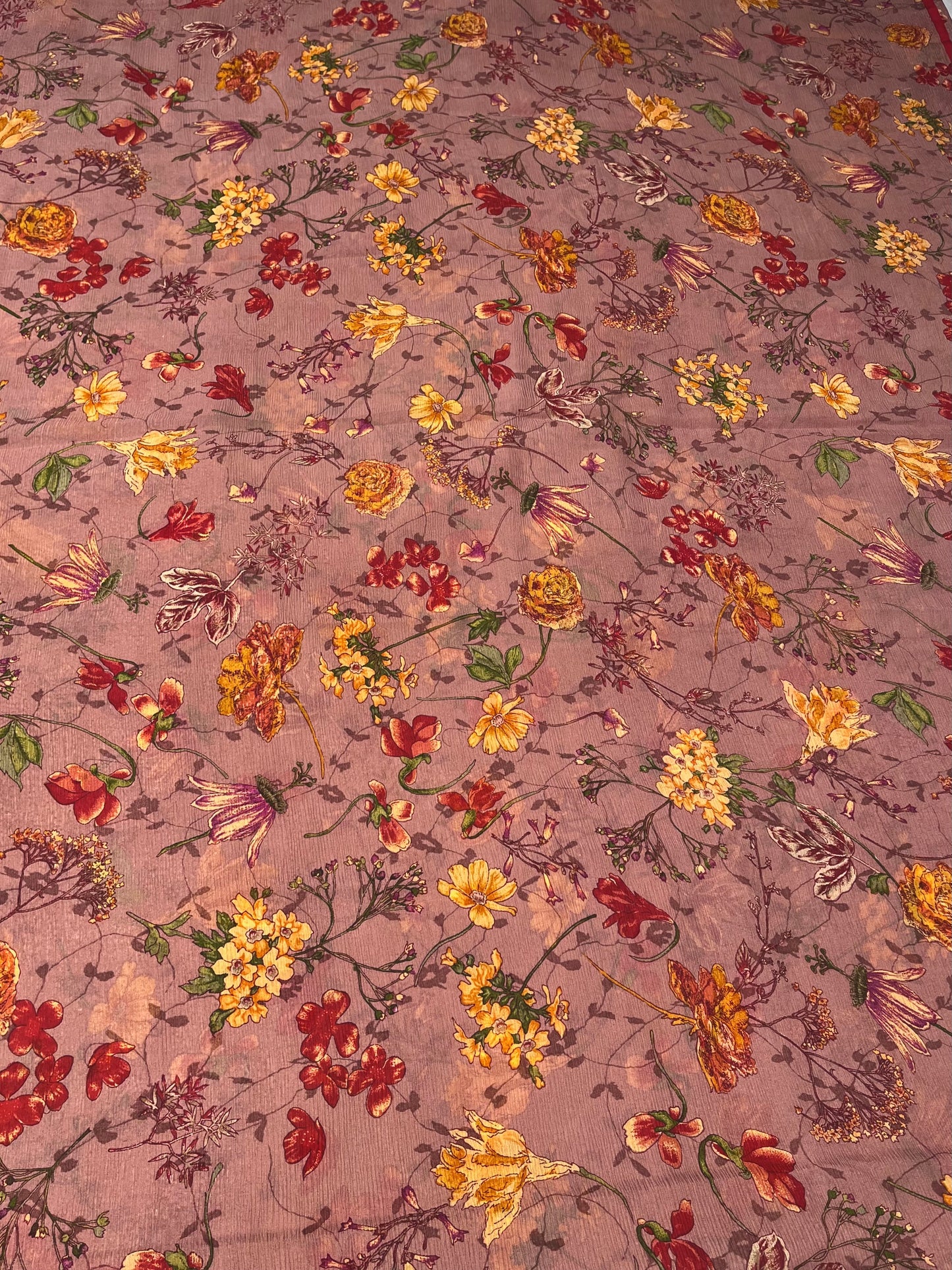 DUSTY ROSE COLOUR PURE PLATINUM CHIFFON FLORAL PRINTED SAREE WITH CREPE SILK BLOUSE - Kothari Sons