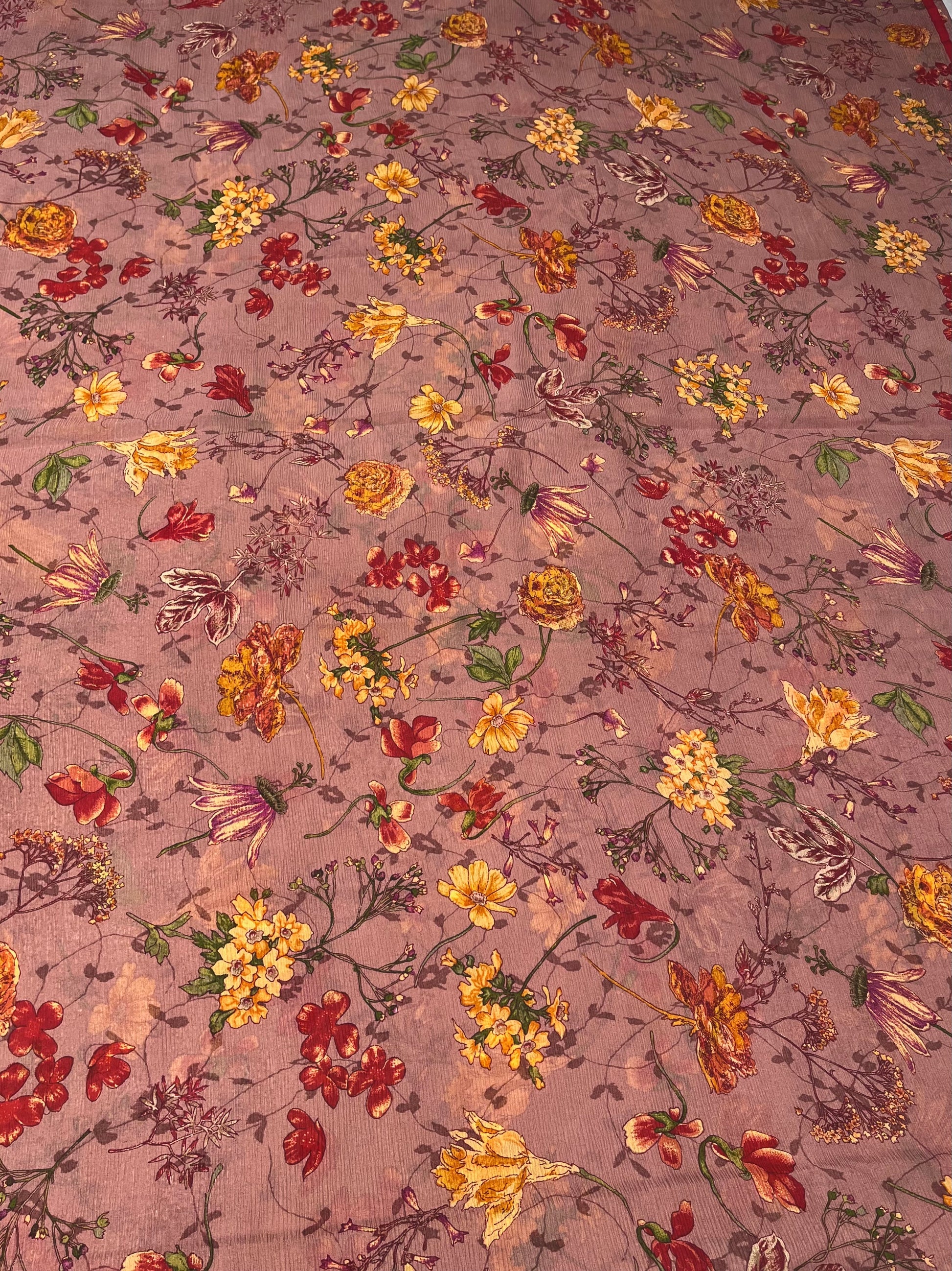 DUSTY ROSE COLOUR PURE PLATINUM CHIFFON FLORAL PRINTED SAREE WITH CREPE SILK BLOUSE - Kothari Sons
