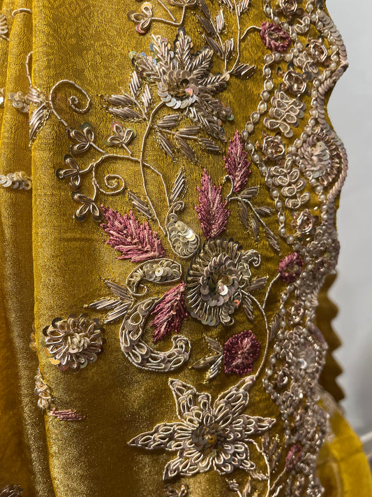 Yellow Tissue jacquard Saree With Hand Embroidered Zardozi And Sequins Work