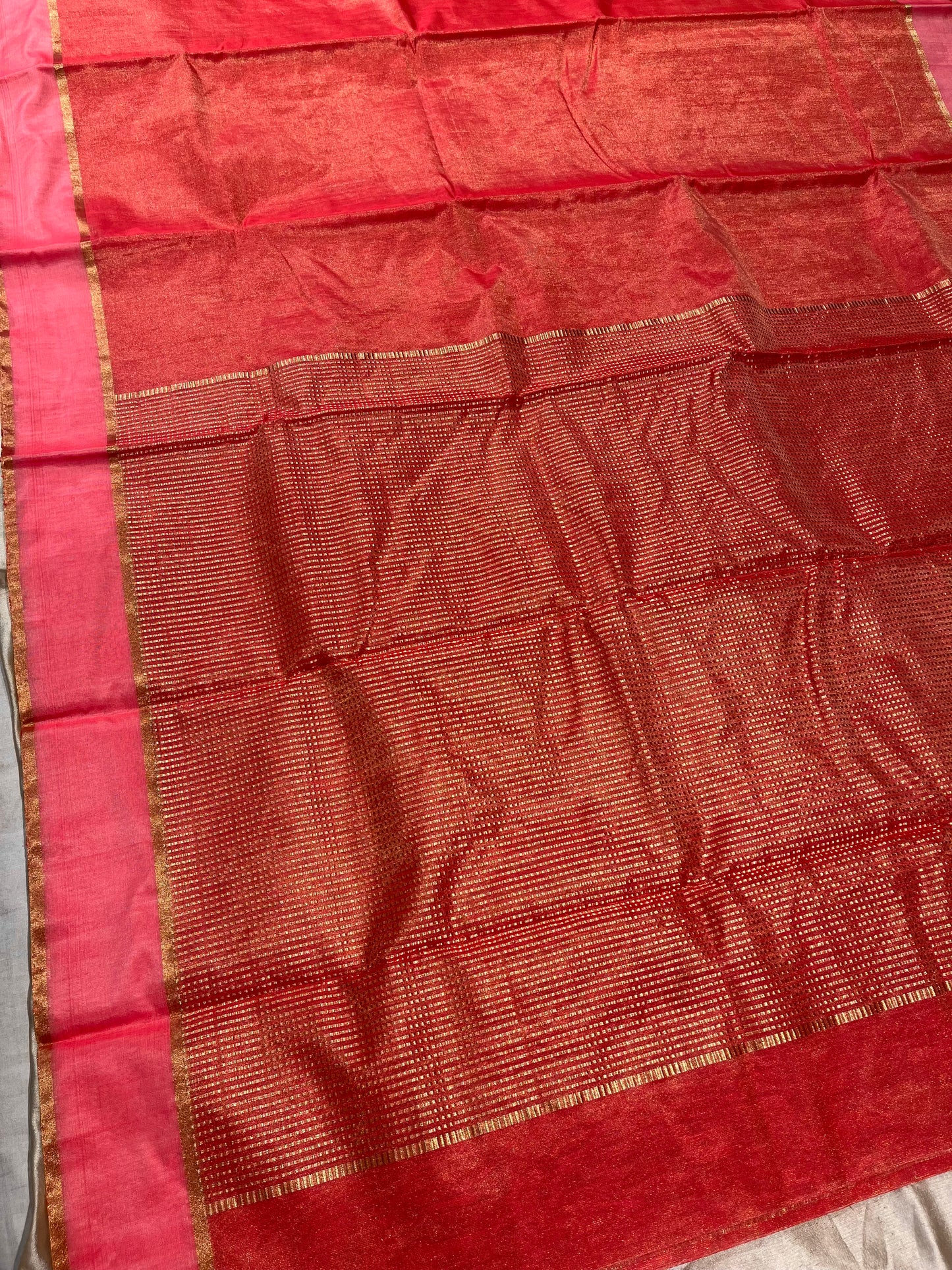 RUST RED COLOUR CHANDERI TISSUE SAREE WITH KIRKITA PALLA EMBELLISHED WITH ZARI WEAVES