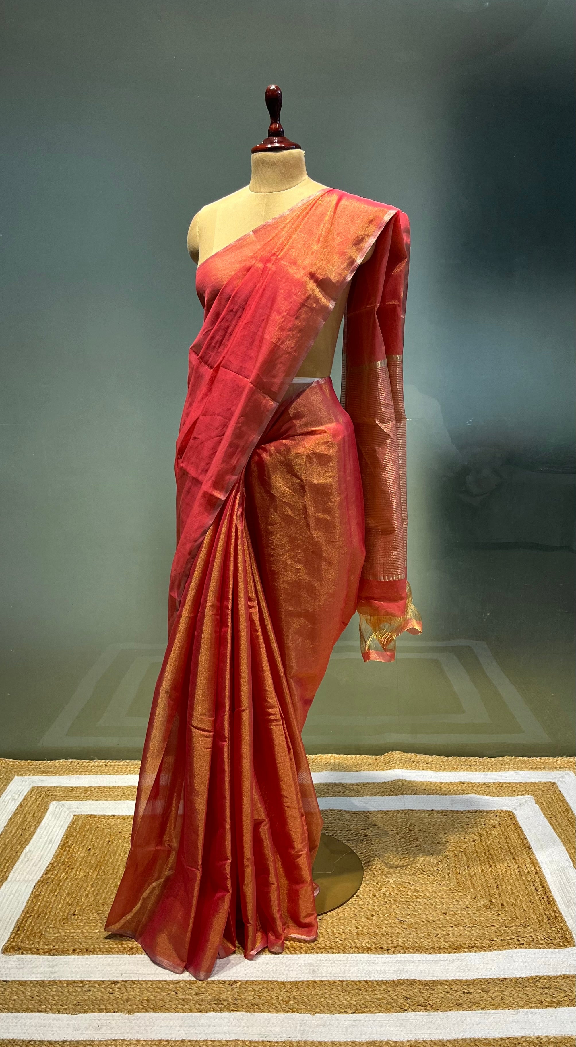 buy Handloom Chanderi Tissue Silk Saree - Carrot Red