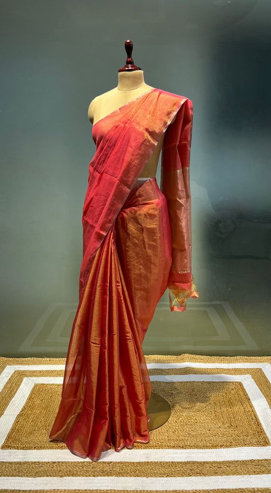 RUST RED COLOUR CHANDERI TISSUE SAREE EMBELLISHED WITH ZARI WEAVES