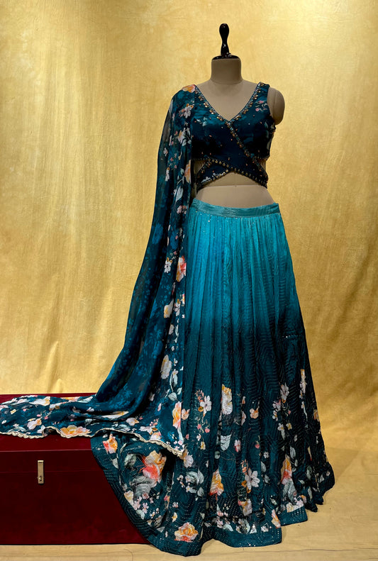 ( DELIVERY IN 25 DAYS ) TEAL BLUE COLOUR CHINON LEHENGA WITH CROP TOP BLOUSE EMBELLISHED WITH SEQUINS & CUTDANA WORK