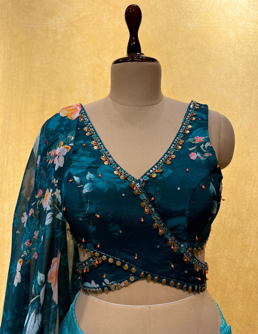 ( DELIVERY IN 25 DAYS ) TEAL BLUE COLOUR CHINON LEHENGA WITH CROP TOP BLOUSE EMBELLISHED WITH SEQUINS & CUTDANA WORK