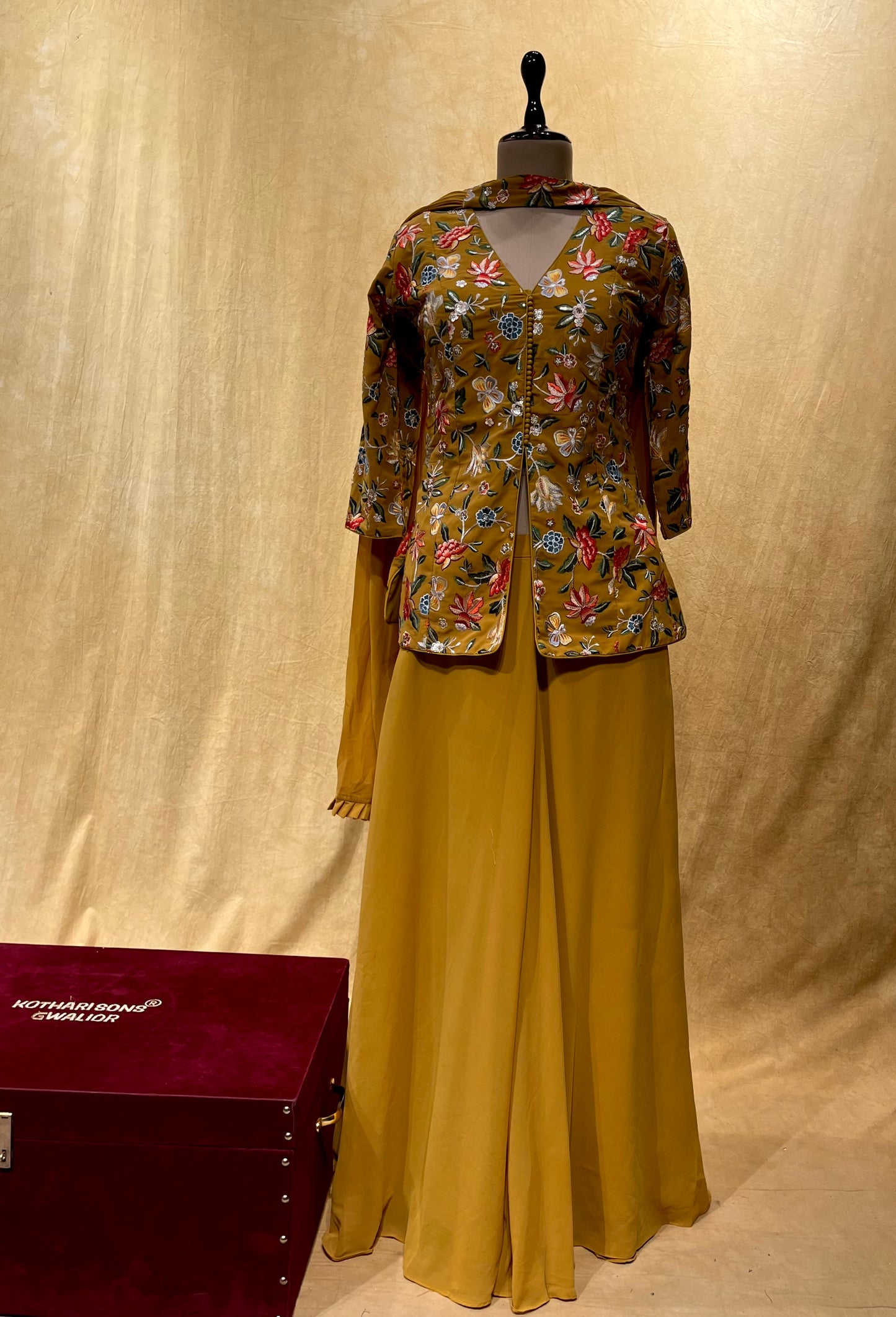 ( DELIVERY IN 25 DAYS ) MUSTARD COLOR GEORGETTE PALAZZO PANT WITH EMBROIDERED JACKET & DUPATTA EMBELLISHED WITH RESHAM WORK