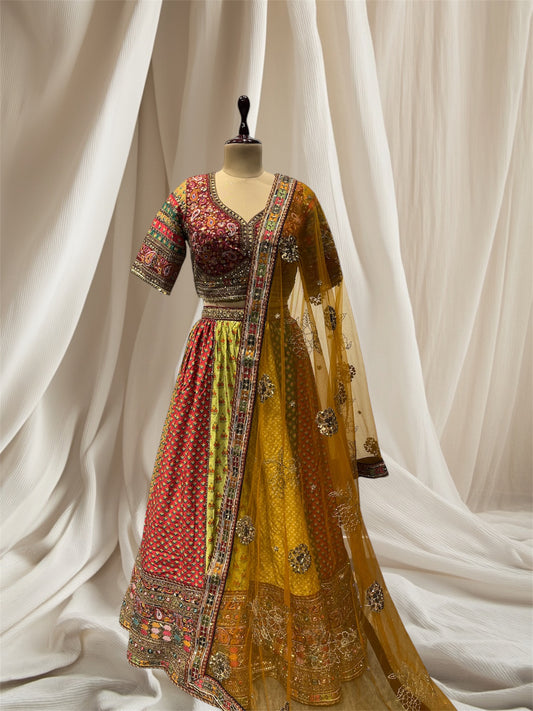 MULTI COLOR  PRINTED, MUSLIN FABRIC, READYMADE BLOUSE AND LEHENGA RESHAM ZARI WORK BORDER AND MUSTARD COLOR DUPATTA  WITH BORDER