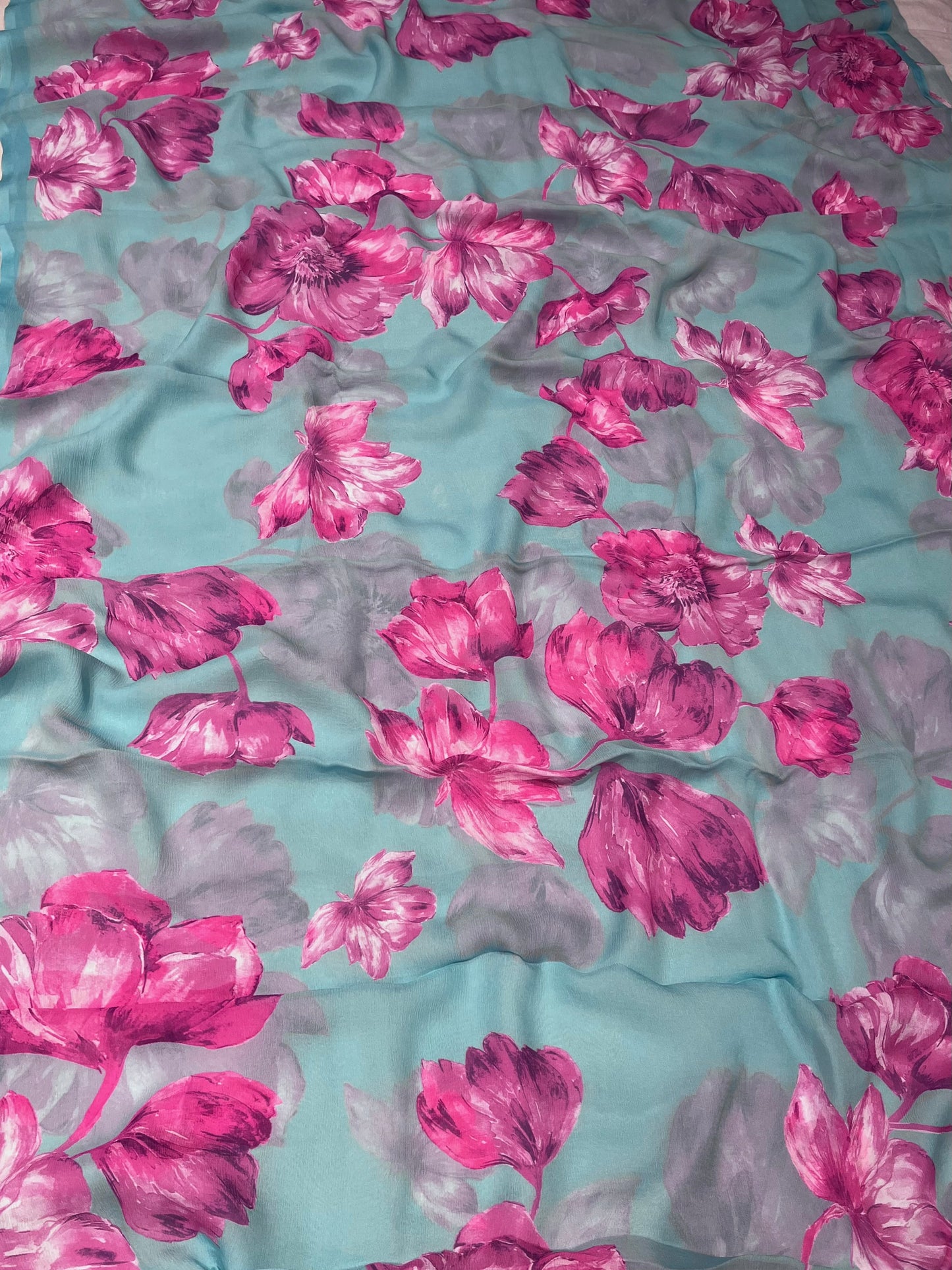 AQUA COLOUR PURE PLATINUM CHIFFON FLORAL PRINTED SAREE WITH SELF PRINTED CREPE SILK BLOUSE - Kothari Sons