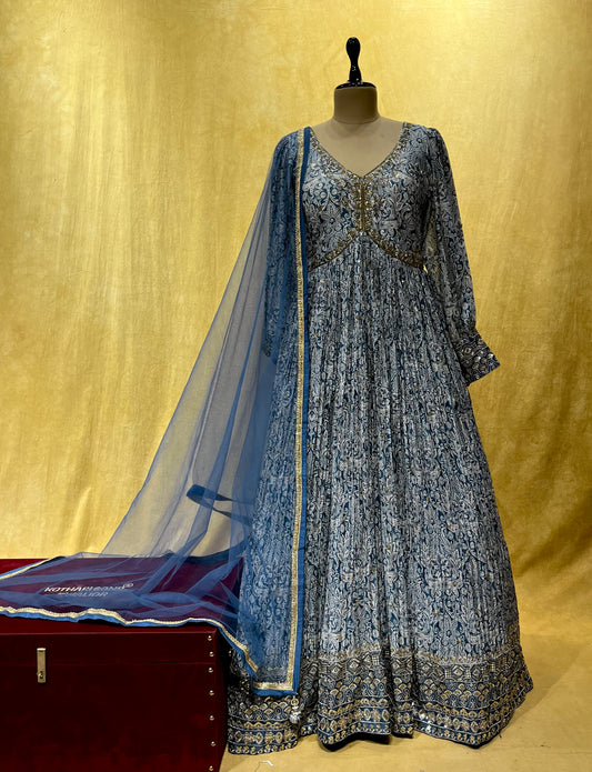 BLUE COLOUR MUSLIN SILK ANARKALI SUIT EMBELLISHED WITH SEQUINS & CUTDANA WORK