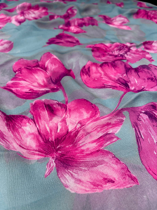AQUA COLOUR PURE PLATINUM CHIFFON FLORAL PRINTED SAREE WITH SELF PRINTED CREPE SILK BLOUSE - Kothari Sons