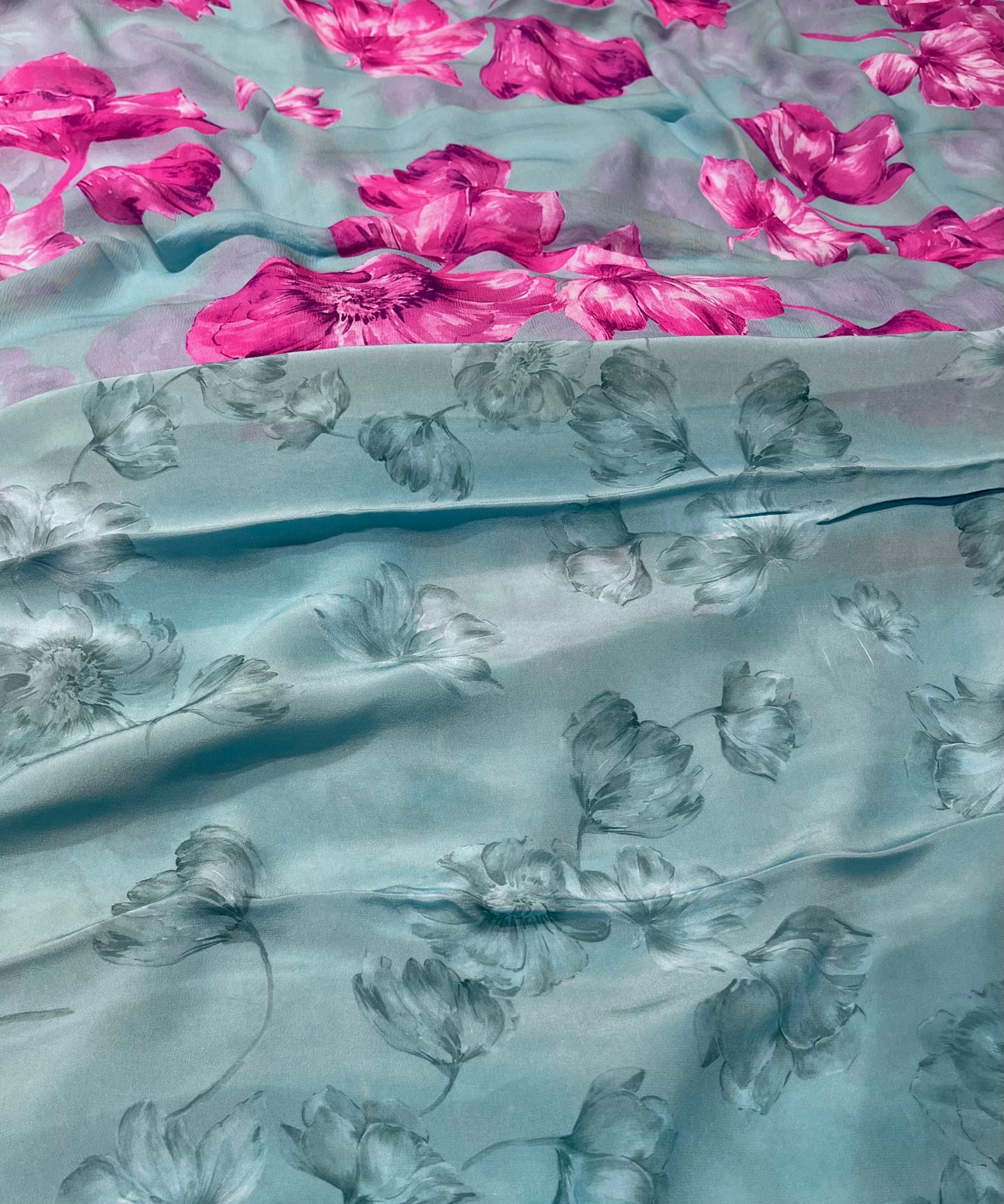 AQUA COLOUR PURE PLATINUM CHIFFON FLORAL PRINTED SAREE WITH SELF PRINTED CREPE SILK BLOUSE - Kothari Sons