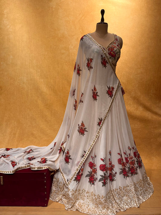( DELIVERY IN 25 DAYS ) WHITE COLOR PURE GEORGETTE LEHENGA WITH HAND EMBROIDERED BLOUSE EMBELLISHED WITH SEQUINS & CUTDANA WORK