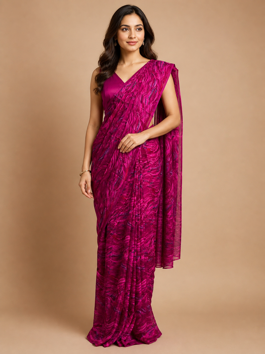 MAGENTA COLOUR PURE PLATINUM CHIFFON PRINTED SAREE WITH CREPE SILK BLOUSE - Kothari Sons