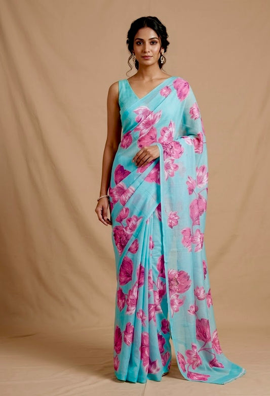 AQUA COLOUR PURE PLATINUM CHIFFON FLORAL PRINTED SAREE WITH SELF PRINTED CREPE SILK BLOUSE - Kothari Sons
