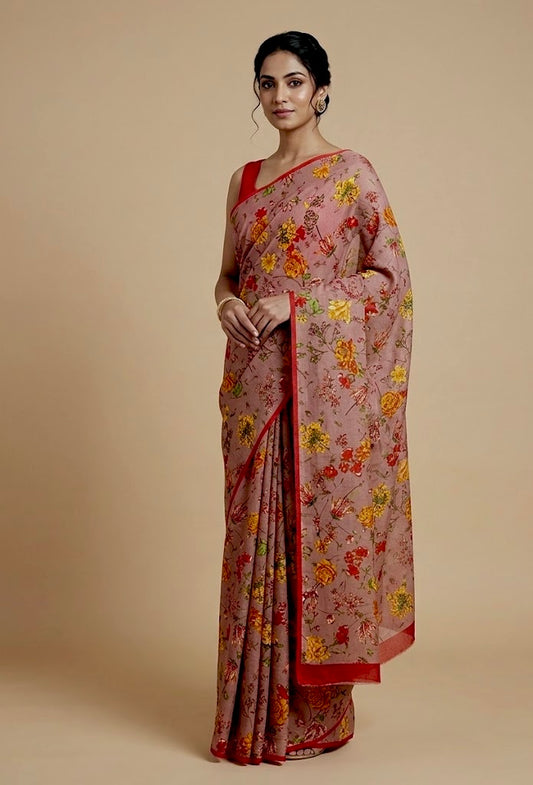 DUSTY ROSE COLOUR PURE PLATINUM CHIFFON FLORAL PRINTED SAREE WITH CREPE SILK BLOUSE - Kothari Sons