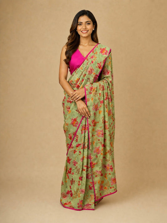 MINT GREEN COLOUR PURE PLATINUM CHIFFON SAREE WITH CREPE SILK BLOUSE - Kothari Sons