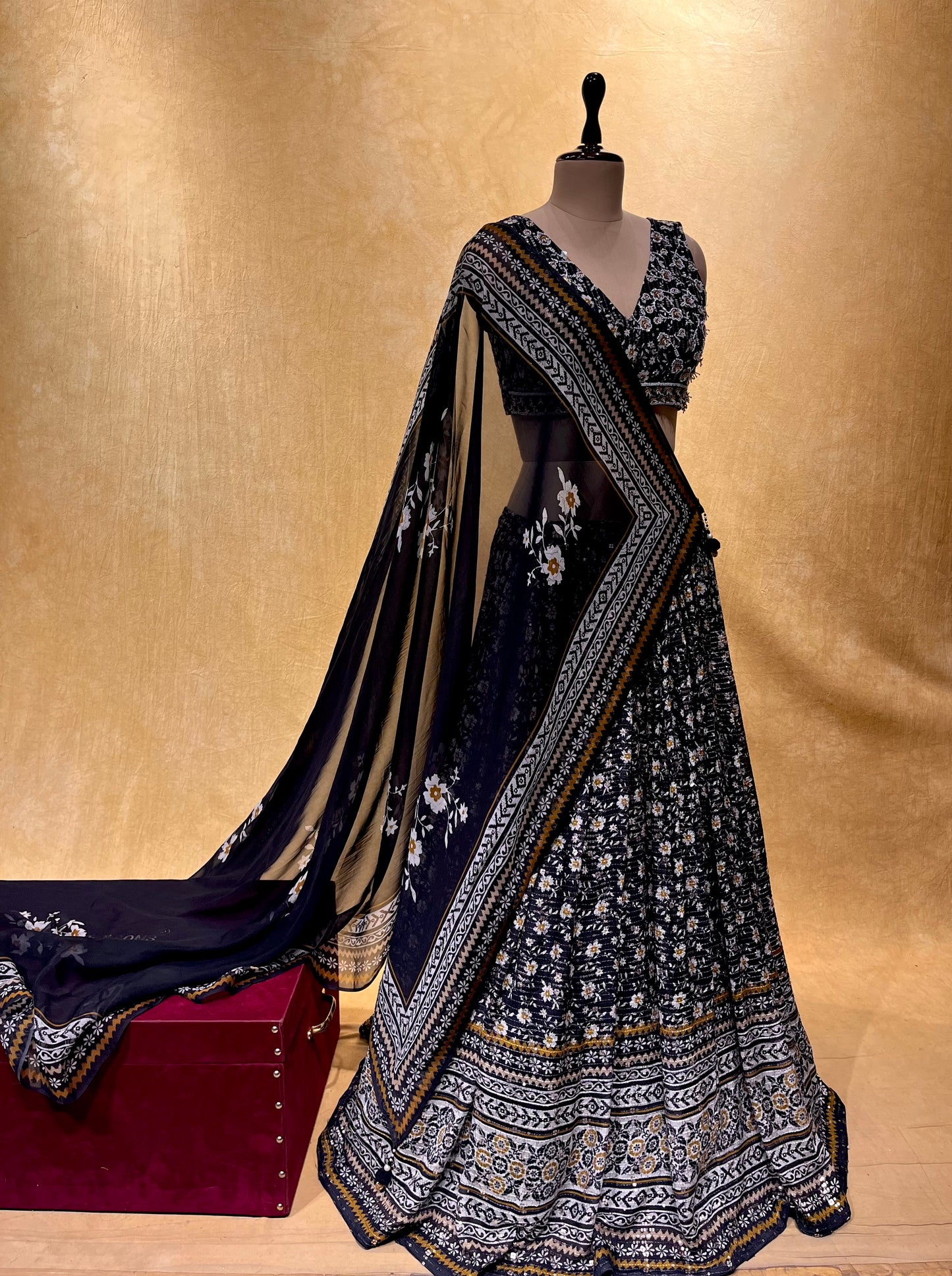 BLACK COLOUR CHINON SEQUINS LEHENGA WITH EMBROIDERED CROP TOP BLOUSE & ORGANZA DUPATTA EMBELLISHED WITH CUTDANA WORK