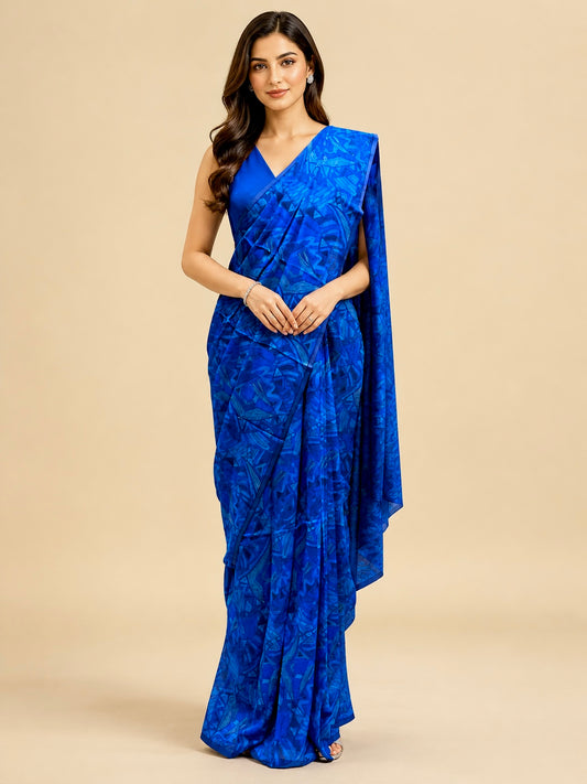 BLUE COLOUR PURE PLATINUM CHIFFON PRINTED SAREE WITH CREPE SILK BLOUSE - Kothari Sons