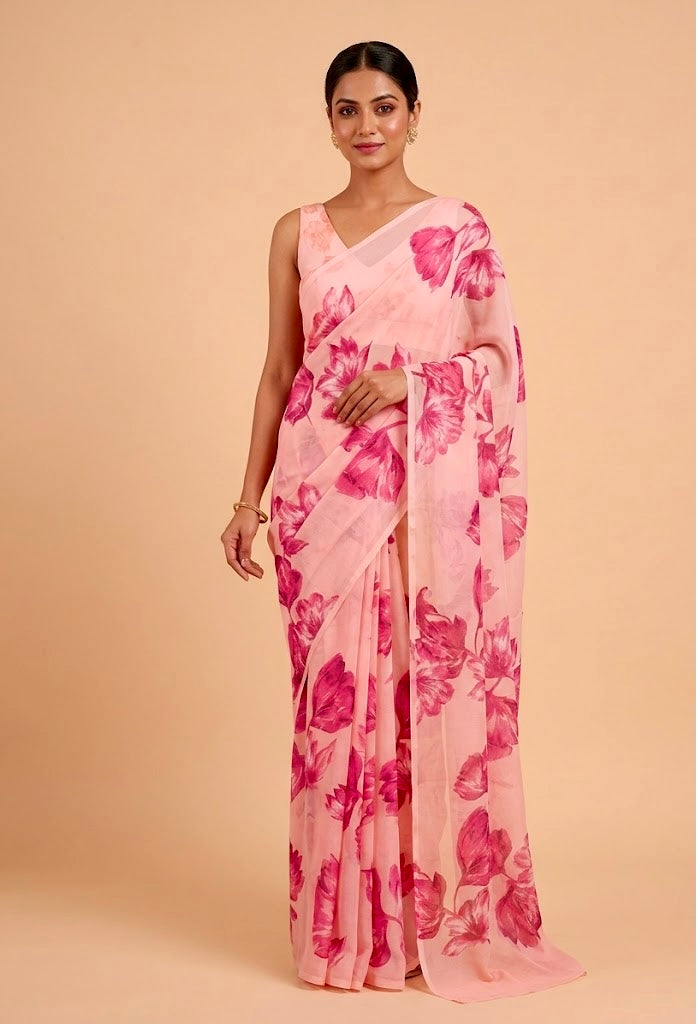 PASTEL PINK COLOUR PURE PLATINUM CHIFFON FLORAL PRINTED SAREE WITH SELF PRINTED CREPE SILK BLOUSE - Kothari Sons