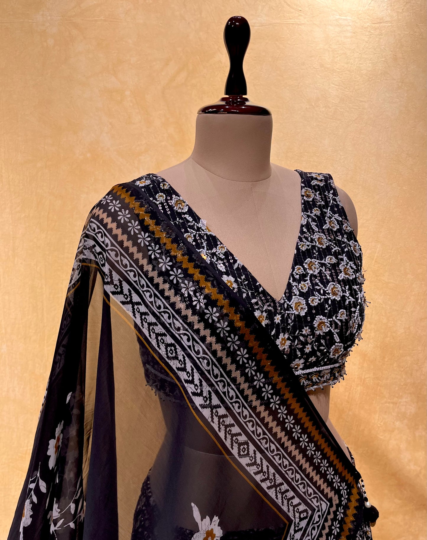 BLACK COLOUR CHINON SEQUINS LEHENGA WITH EMBROIDERED CROP TOP BLOUSE & ORGANZA DUPATTA EMBELLISHED WITH CUTDANA WORK