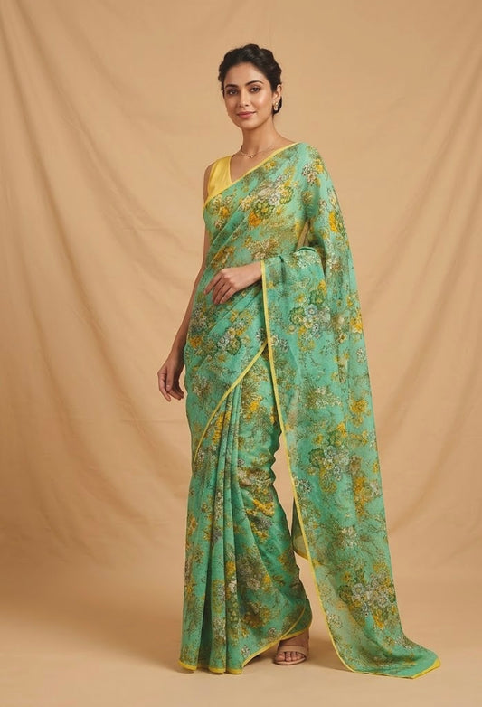 SEA GREEN COLOUR PURE PLATINUM CHIFFON FLORAL PRINTED SAREE WITH CREPE SILK BLOUSE ( DELIVERY IN 15-20 DAYS ) - Kothari Sons