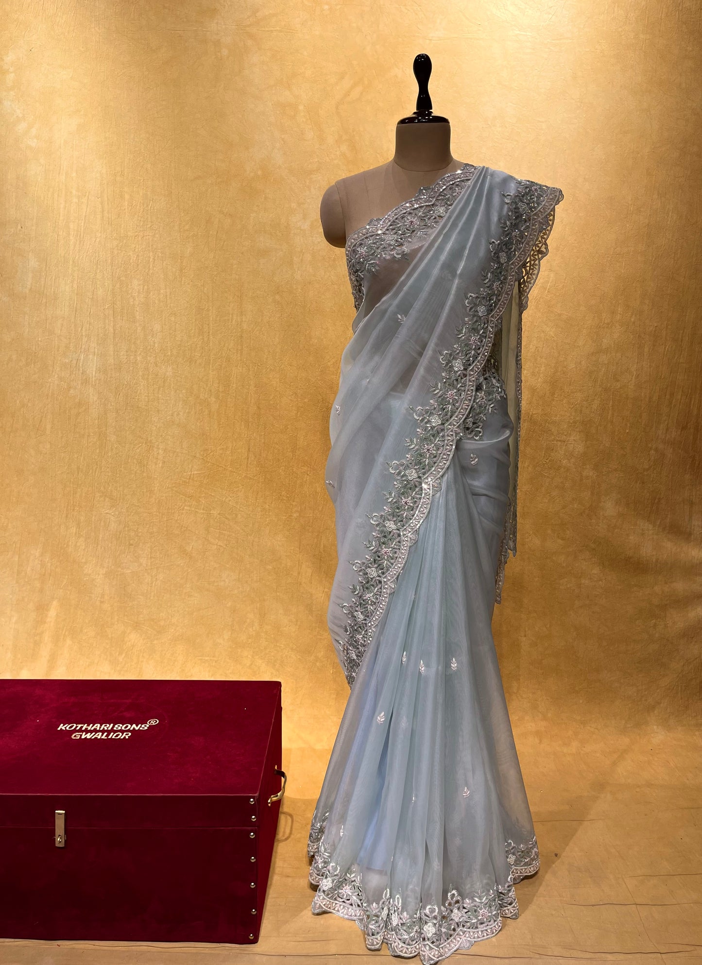 POWDER BLUE ORGANZA TISSUE HAND EMBROIDERED SAREE EMBELLISHED WITH SEQUINS, CUTDANA & BEADS WORK