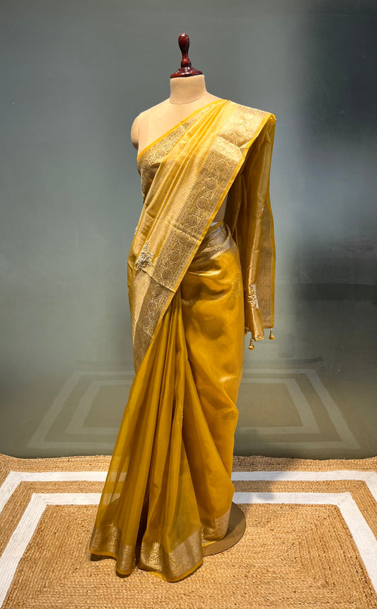 MUSTARD COLOUR ORGANZA TISSUE EMBROIDERED SAREE EMBELLISHED WITH SEQUINS WORK