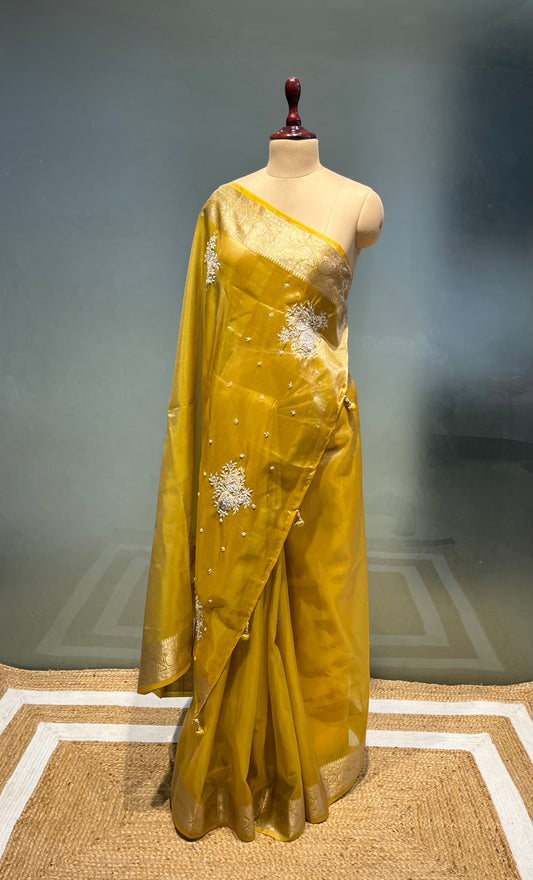 MUSTARD COLOUR ORGANZA TISSUE EMBROIDERED SAREE EMBELLISHED WITH SEQUINS WORK