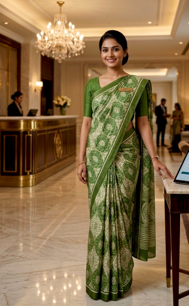 GREEN COLOUR PRINTED SYNTHETIC SAREE WITH UNSTITCHED BLOUSE FOR DRESS CODE - Kothari Sons