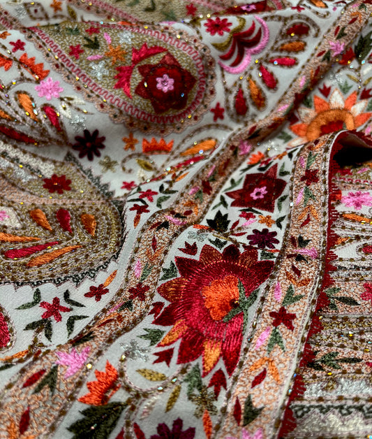 IVORY COLOUR PURE GEORGETTE HAND EMBROIDERED STOLE EMBELLISHED WITH CUTDANA & RESHAM EMBROIDERY - Kothari Sons