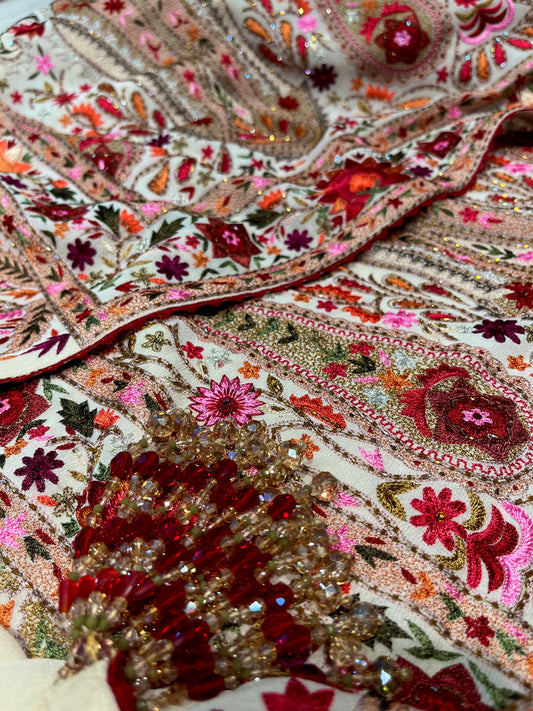 IVORY COLOUR PURE GEORGETTE HAND EMBROIDERED STOLE EMBELLISHED WITH CUTDANA & RESHAM EMBROIDERY - Kothari Sons