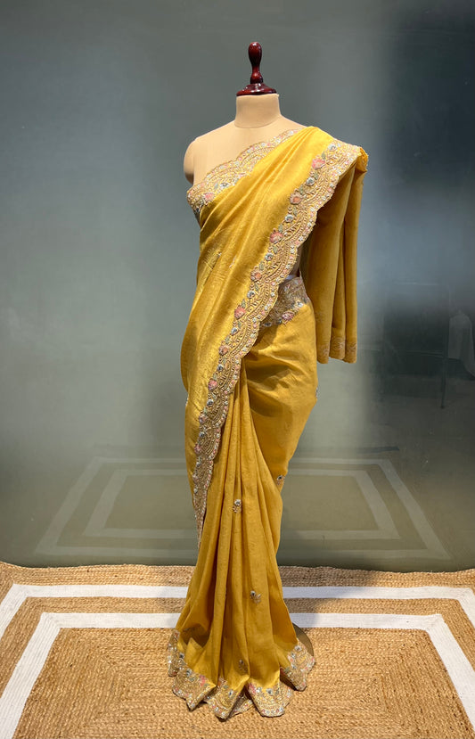 YELLOW COLOUR CREPE JACQUARD SILK EMBROIDERED SAREE EMBELLISHED WITH SEQUINS & CUTDANA WORK
