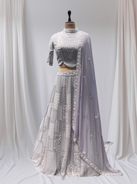 LILAC COLOR, GEORGETTE READYMADE LEHENGA WITH HIGH NECK CROP TOP & GEORGETTE DUPATTA EMBELLISHED WITH BEADS, SEQUINS EMBROIDERY