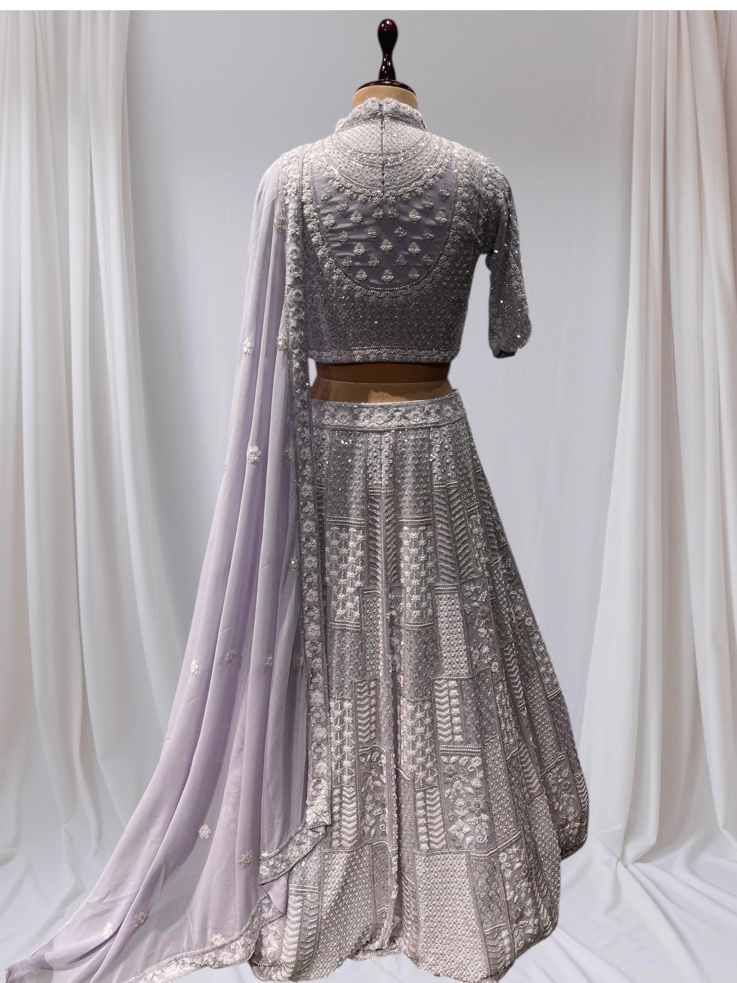 LILAC COLOR, GEORGETTE READYMADE LEHENGA WITH HIGH NECK CROP TOP & GEORGETTE DUPATTA EMBELLISHED WITH BEADS, SEQUINS EMBROIDERY